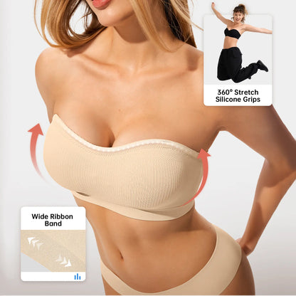 Vertvie｜Zoe Stay Put Bandeau Bra, Strapless Bra Wireless Seamless Comfort Day