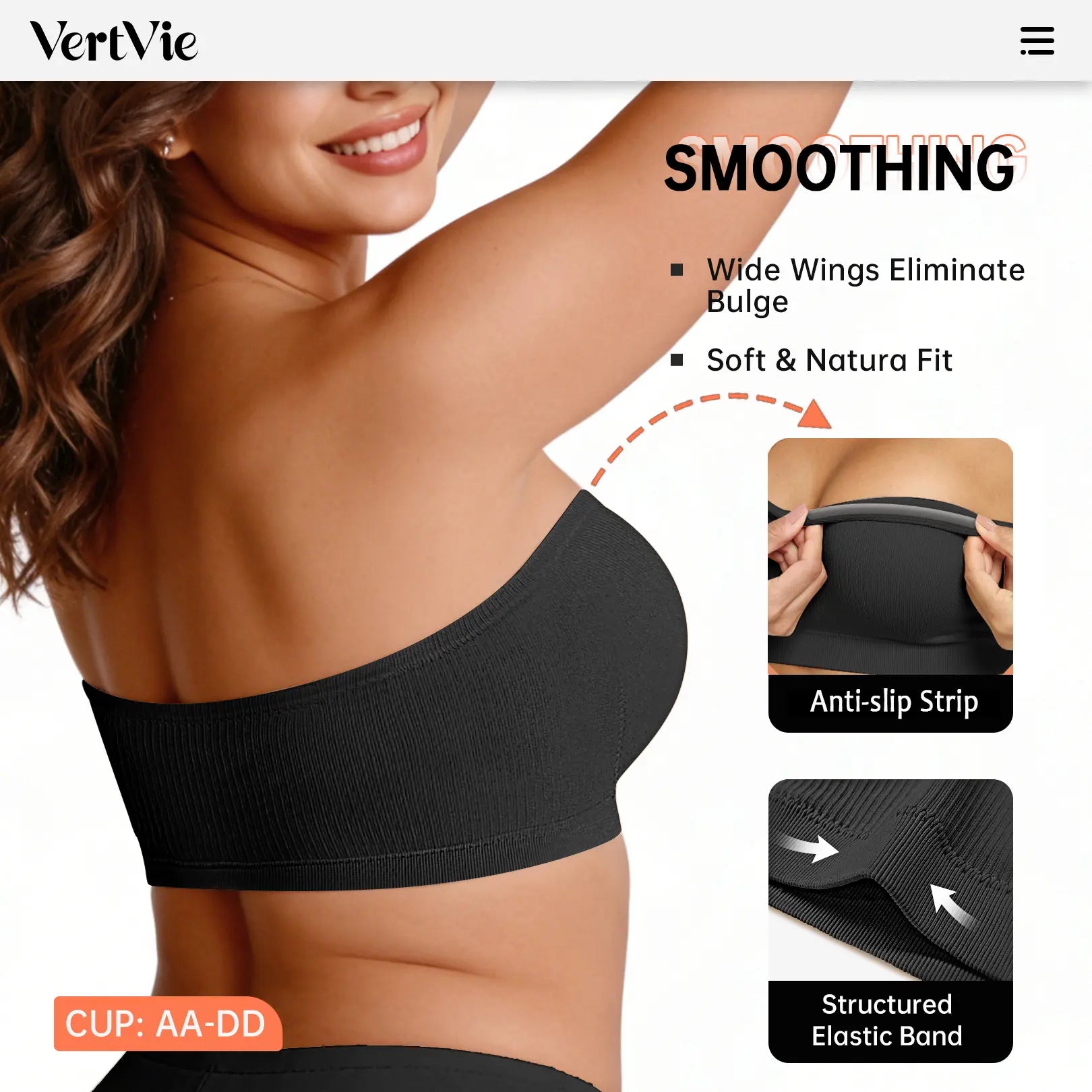 Vertvie｜Zoe Stay Put Bandeau Bra, Strapless Bra Wireless Seamless Comfort Day