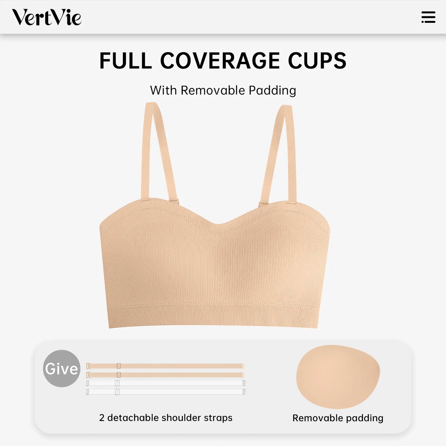 Vertvie｜Zoe Stay Put Bandeau Bra, Strapless Bra Wireless Seamless Comfort Day